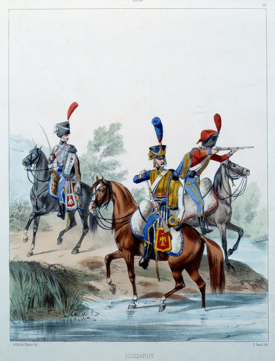 Napoleonin armeija: Hussarit. Kaiverrus Alfred De Marbot (1800-luku) 1806. Malmaison, Musee Du Chateau. tekijältä Alfred de (after) Marbot