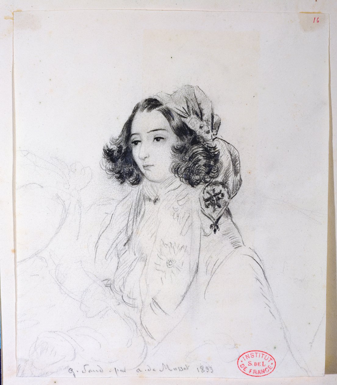 George Sand (1804-76) huivin päällä, 1833 tekijältä Alfred de Musset