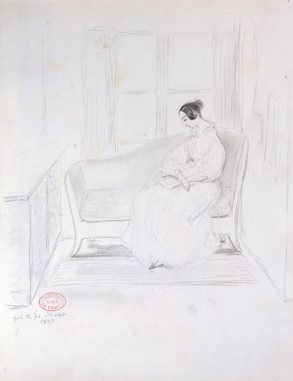 George Sand (1804-76), lukee sohvalla ikkunan vieressä, 1833 tekijältä Alfred de Musset