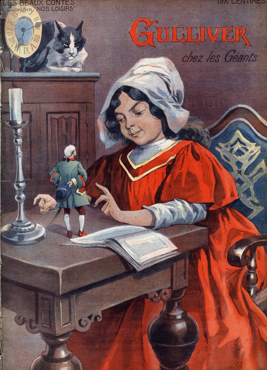 Gulliver jättiläisissä (Brobdingnag). Jonathan Swiftin (1667-1745) tarina. Kuva Vaccarista ja Carreystä "" Les beaux tales"" -kokoelmassa "" Nos loisirs""" noin 1910. Yksityinen kokoelma. tekijältä Alfredo and Carrey Vaccari