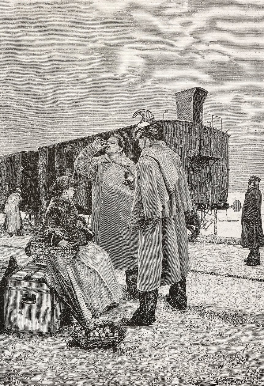 Viiden minuutin pysähdys, kaksi junassa seisovaa miestä lopettavat juomisen ja syömisen, kaiverrus Alfredo Luxoron (1859-1918) maalauksesta L