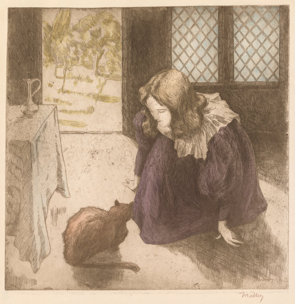 Sisustus, Pieni tyttö kissan kanssa La Petite fille au chat, 1897. tekijältä Alfredo Müller