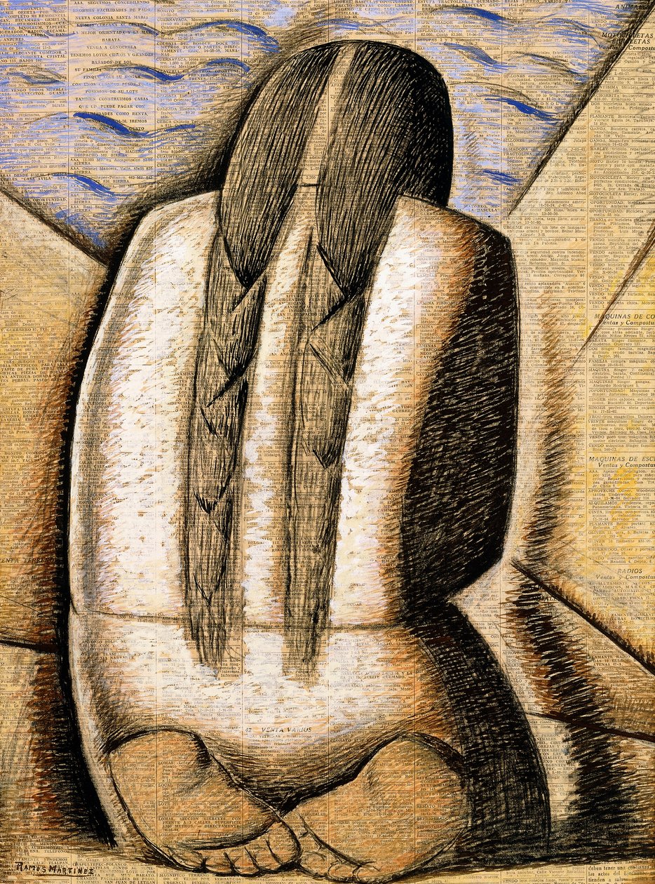 Meditaatio, n. 1942 (gouassi sanomalehtipaperilla aluksella) tekijältä Alfredo Ramos Martinez