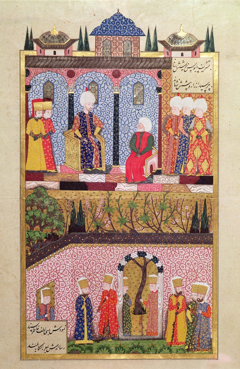 Lahjojen jakaminen Suleyman I:lle (1495-1566) hänen poikiensa Bayezidin ja Cihangirin ympärileikkauksen yhteydessä vuonna 1530 "Suleymannamesta" (Mss Hazine. 1517 f.412a), 1558 (muste ja kulta le). tekijältä Ali Amir Beg