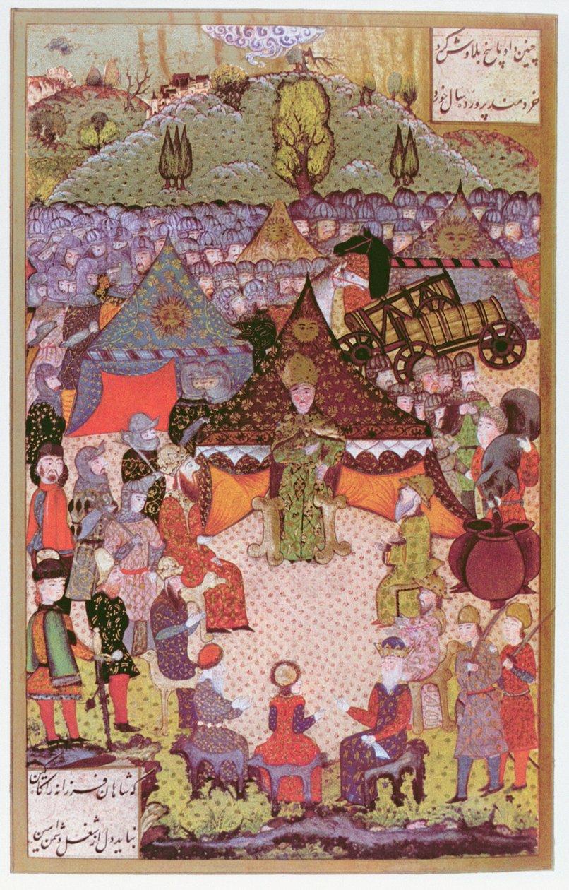 Unkarin kuningas Lajos II (1506-26) neuvostossa ennen Mohacin taistelua vuosina 1526, 1558 (mustetta ja kultalehteä perunakalvossa) tekijältä Ali Amir Beg