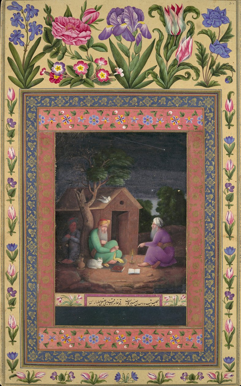 Kaksi vanhaa miestä keskustelussa majan ulkopuolella, Folio Davis-albumista, A.H.1085A.D.1674-75. tekijältä Ali Quli Jabbadar