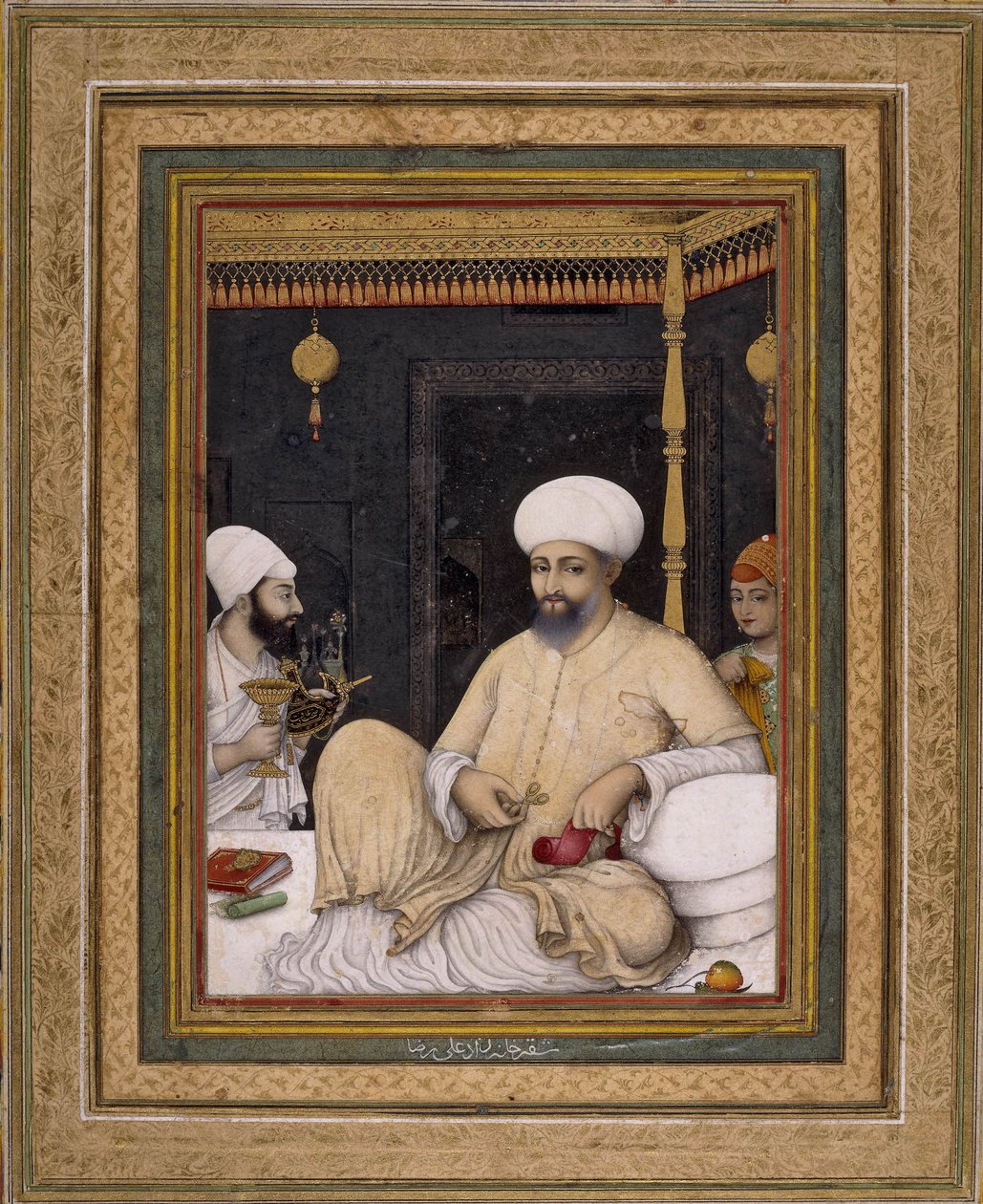 Ali Riza (taidemaalari). Sulttaani Ibrahim Adil Shah II kunnioittaa sufi-pyhimystä, Bijapur, noin 1620-30, British Museum, Lontoo. tekijältä Ali Riza