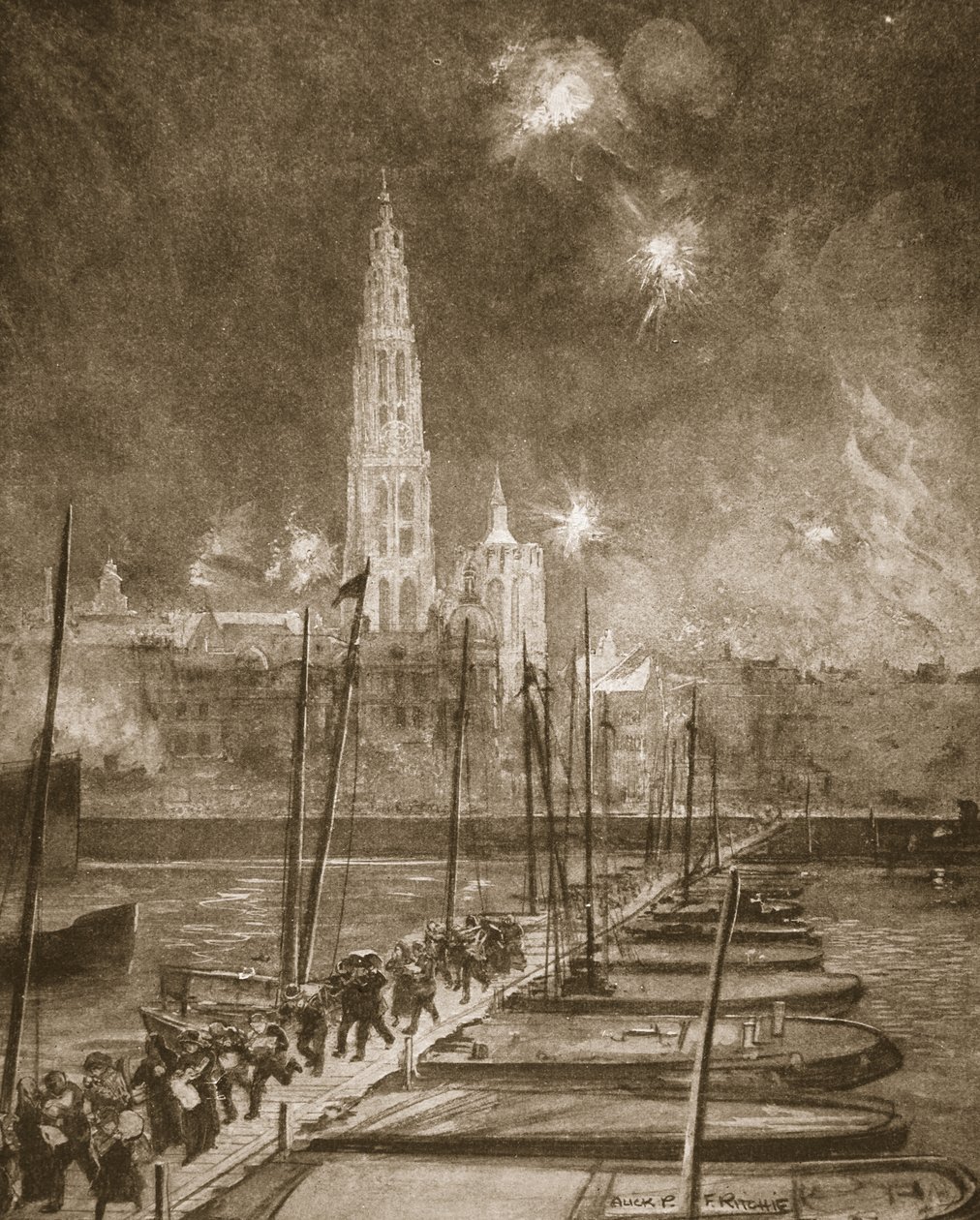 Antwerpenin karkulaisia ylittämässä Scheldtin ponttonisiltaa. tekijältä Alick P. F. Ritchie