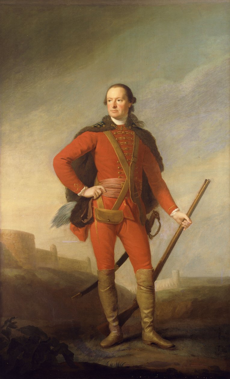Muotokuva Charlesista, 5. Earl of Elgin ja 9. Earl of Kincardinen, seisomassa koko pituudeltaan tulipunaisessa puvussa ja turkisreunustaisessa niemessä pitelemässä muskettia romanttisessa maisemassa, jonka takana on linna, tekijältä Allan Ramsay