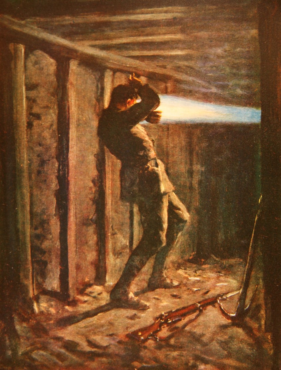 Sinisen liekin kieli ampuu vihollisen puolelta kaivosgalleriasta ja palaa vakavasti Private Bytheway (väri litho) tekijältä Allan Stewart