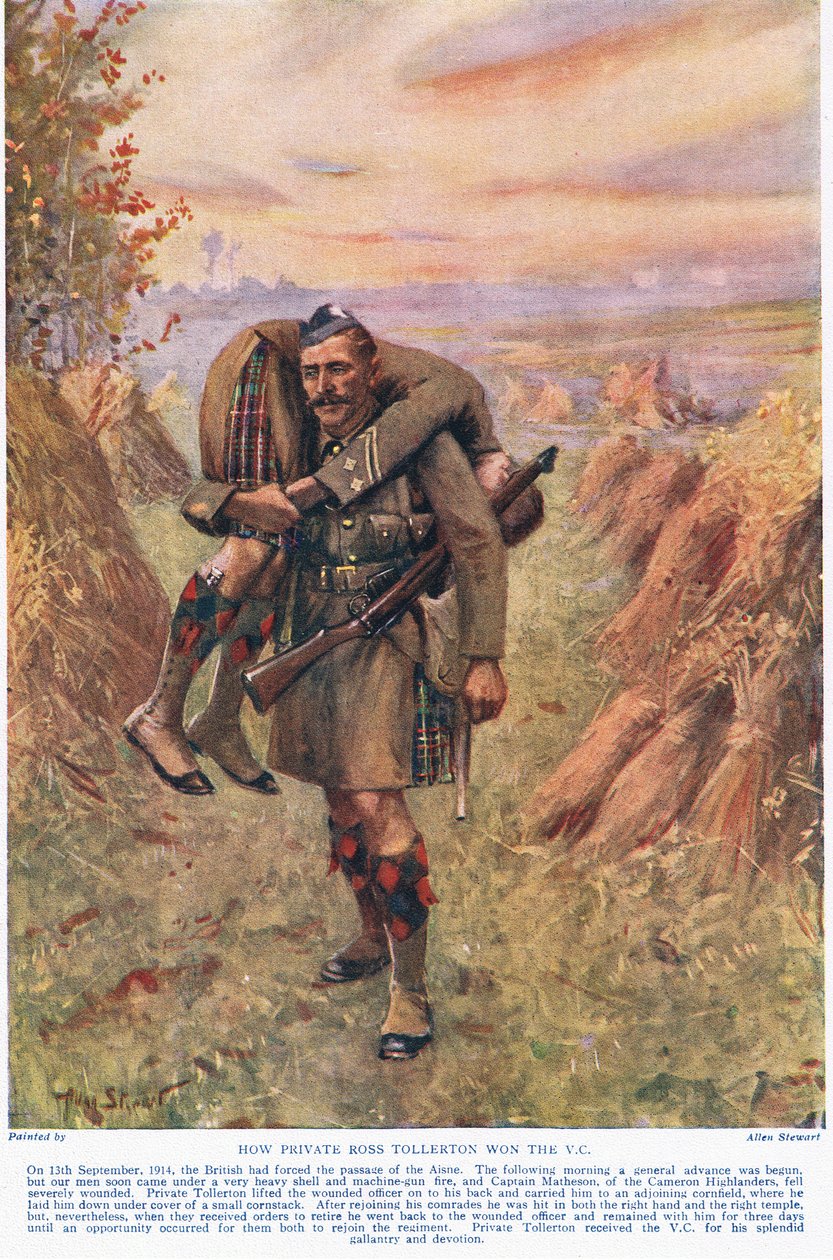 Kuinka yksityinen Ross Tollerton voitti riskipääomapalkinnon, kuvitus teoksesta Deeds That Thrill The Empire, julkaisija Hutchinson & Co., n. 1920 (värilitho) tekijältä Allan Stewart