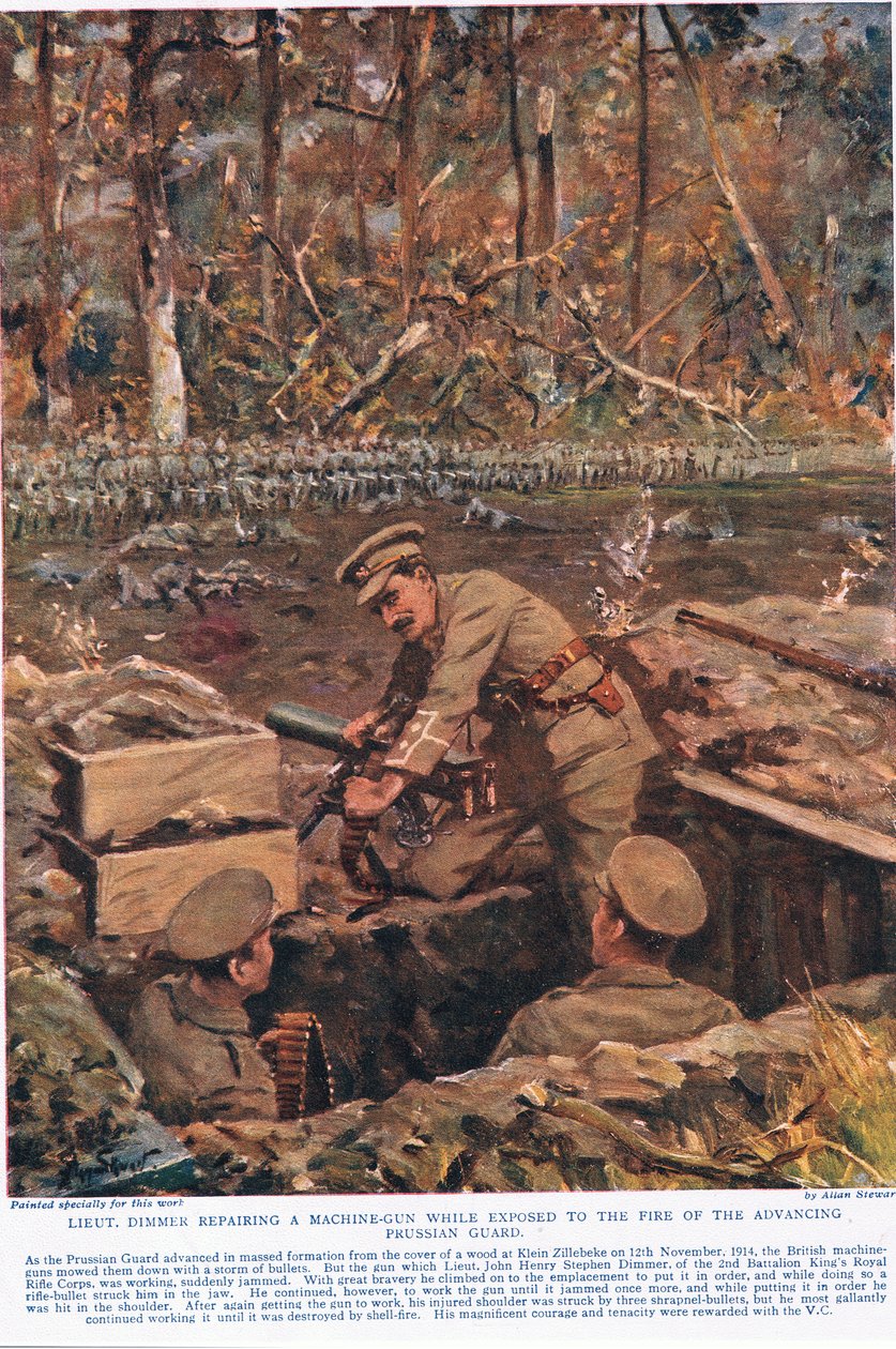 Luutnantti Dimmer korjaa konekivääriä etenevän Preussin Kaartin tulessa, esimerkki teoksesta Deeds that Thrill the Empire, julkaisija Hutchinson & Co., n. 1920 (värilitho) tekijältä Allan Stewart