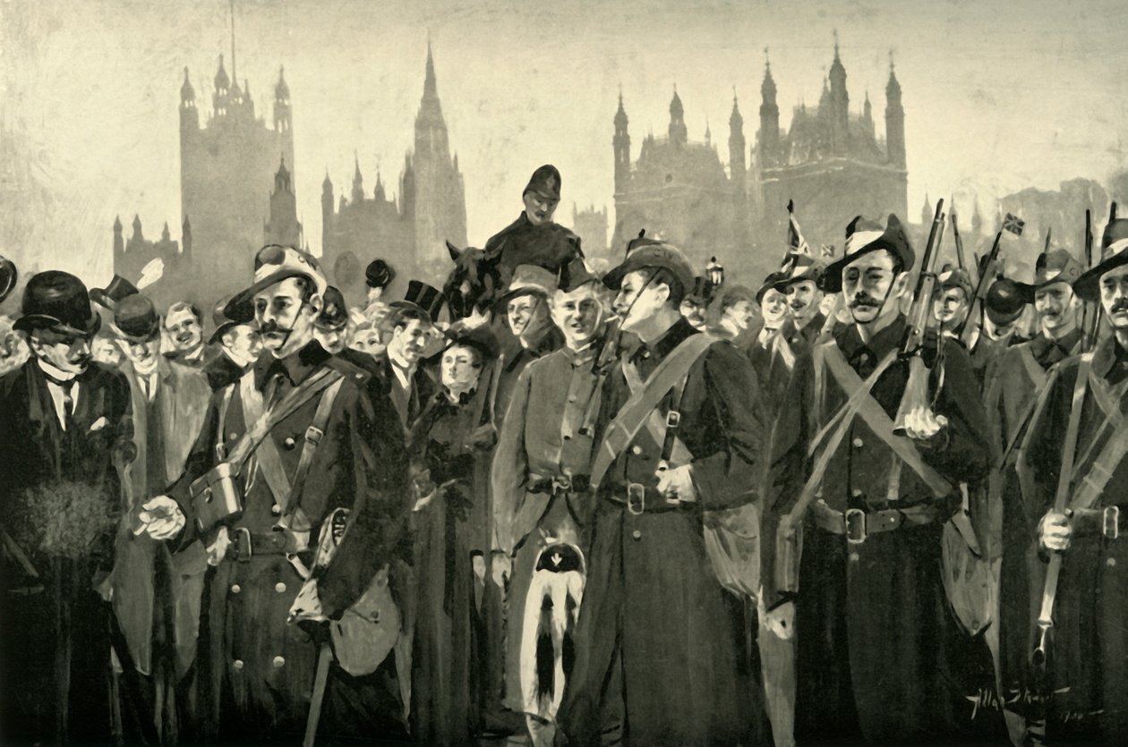 "Londonin vastaus – kaupungin keisarilliset vapaaehtoiset ylittävät Westminster Bridgen", 1900. tekijältä Allan Stewart