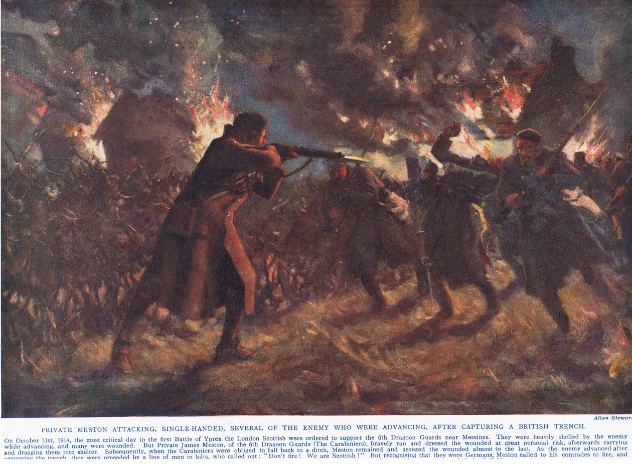 Yksityinen Meston hyökkää yksin useiden etenevien vihollisten kimppuun valloitettuaan brittiläisen kaivannon, esimerkki teoksesta Deeds that Thrill the Empire, julkaisija Hutchinson & Co., n. 1920 (väri litho) tekijältä Allan Stewart