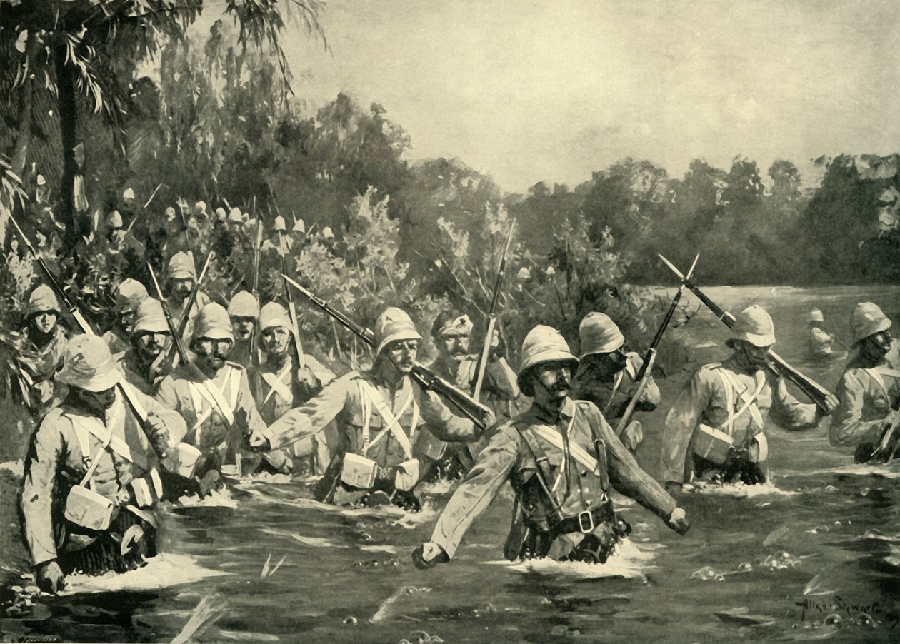 "The Battle of Modder River - Argyll and Sutherland Highlanders Crossing the Drift", 1900. tekijältä Allan Stewart