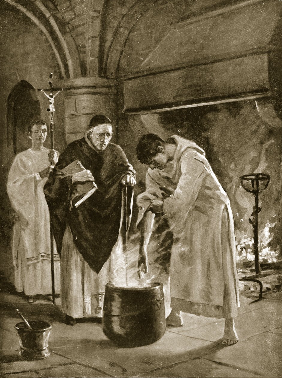 Oikeudenkäynti kiehuvan veden koettelemuksessa, kuvitus "Hutchinsonin tarinasta brittiläisen kansakunnan tarinasta", n. 1920 (litho) tekijältä Allan Stewart