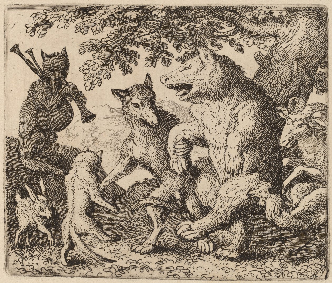 Kaikki iloitsevat karhun ja suden puolesta, luultavasti c. 16451656. tekijältä Allart van Everdingen