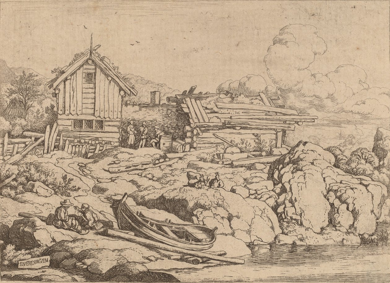 Vene joen rannalla kolmen vuohen kanssa, luultavasti n. 16451656. tekijältä Allart van Everdingen