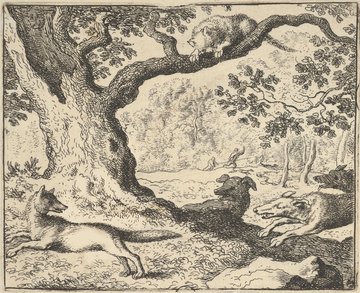 Renardin väärän tarinan jälkeen Hendrick van ..., 1650-75 metsästyskoirat jahtaavat hänen isänsä. tekijältä Allart van Everdingen