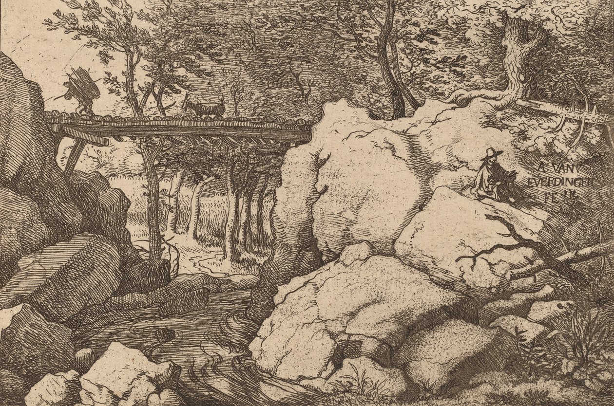 Vuohi pienellä sillalla, luultavasti n. 16451656. tekijältä Allart van Everdingen