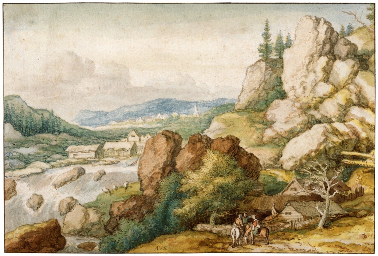 Maisema kolmen ratsumiehen kanssa, 1600-luku tekijältä Allart van Everdingen