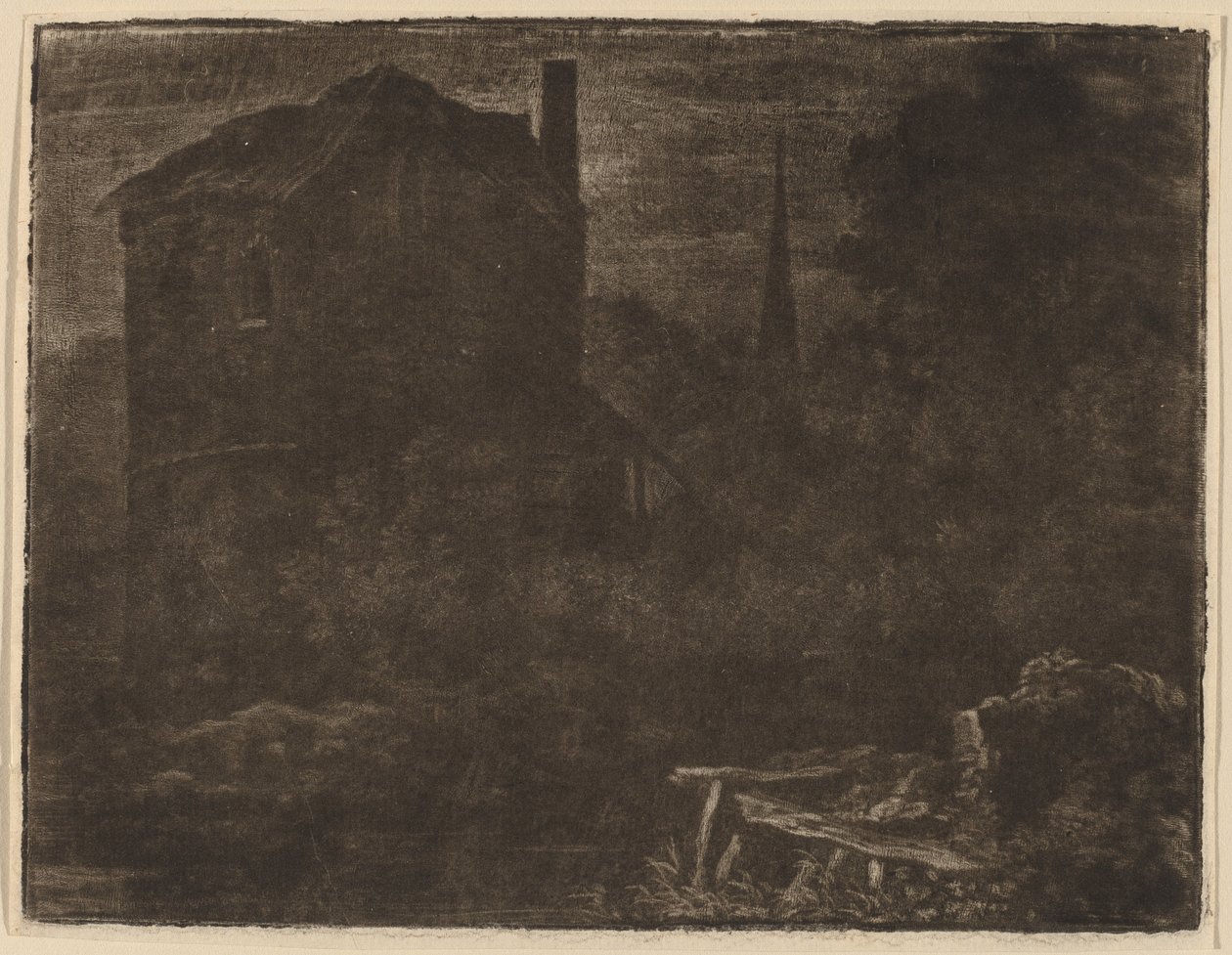 Yömaisema talon ja kirkon tornin kanssa, luultavasti n. 1660. tekijältä Allart van Everdingen