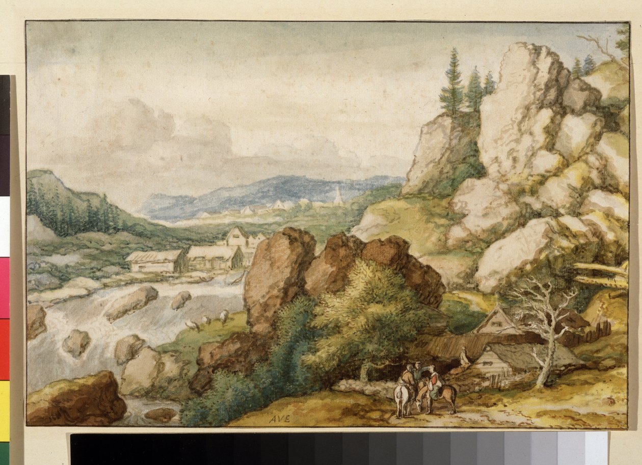 ""Maisema kolmen ratsumiehen kanssa"" (Maisema kolmen ratsumiehen kanssa) Akvarelli: Allaert Pietersz van Everdingen (1621-1675) Pushkin-museo, Moskova tekijältä Allart van Everdingen