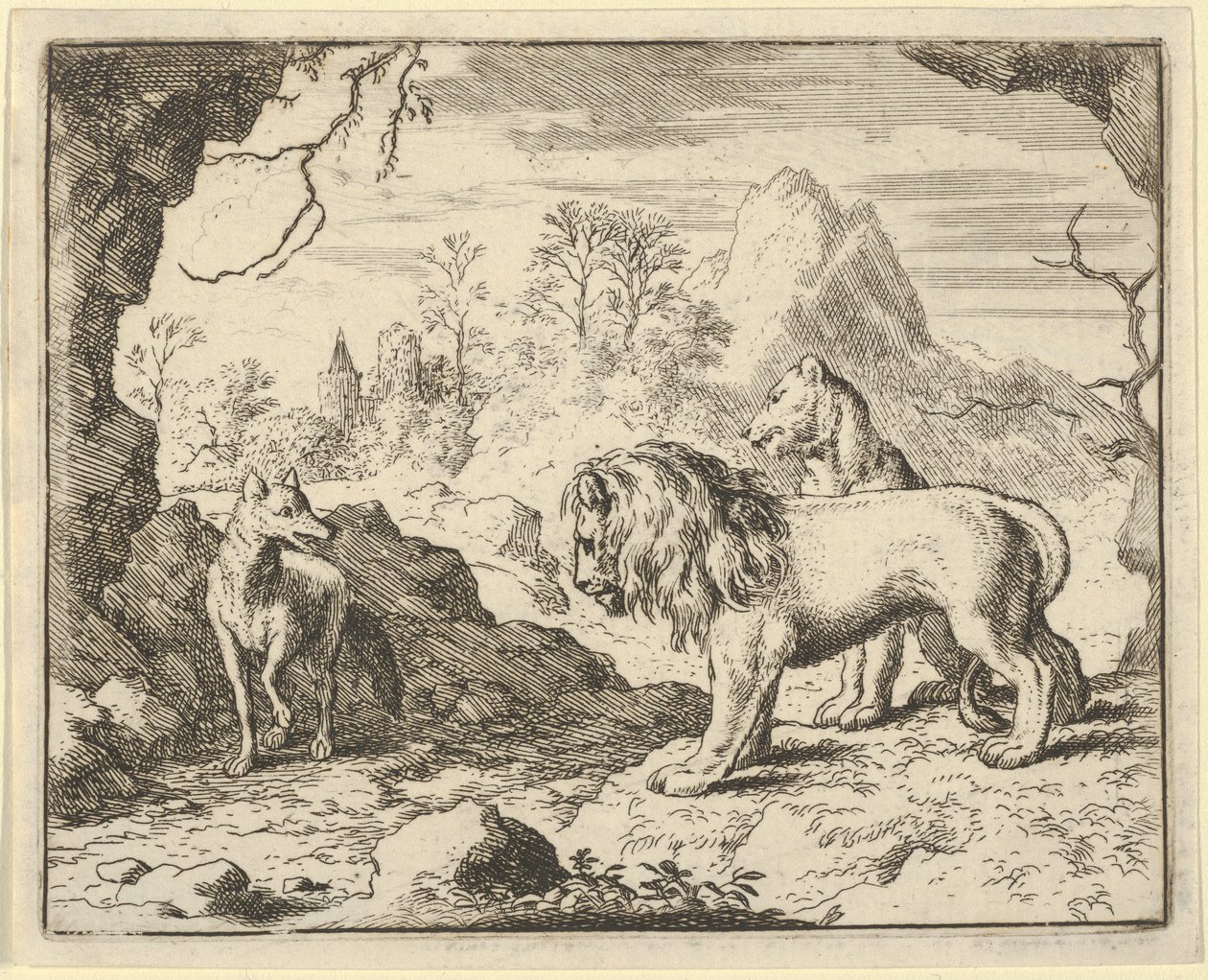 Renard vakuuttaa leijonan ja leijonan löytävänsä aarteen, jonka hänen isänsä varasti heiltä..., 1650-75. tekijältä Allart van Everdingen