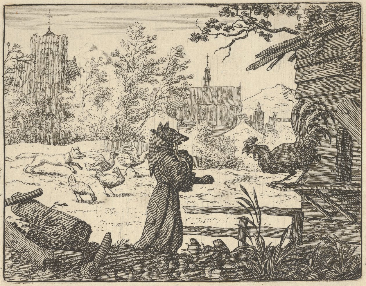Renard, munkkinaamioitunut, saa kukon luottamuksen, 1650-75. tekijältä Allart van Everdingen