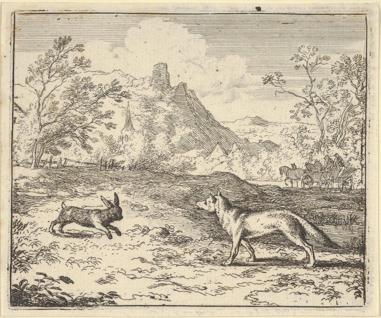 Renard valehtelee, että kani loukkasi yhtä lapsistaan, 1650-75. tekijältä Allart van Everdingen