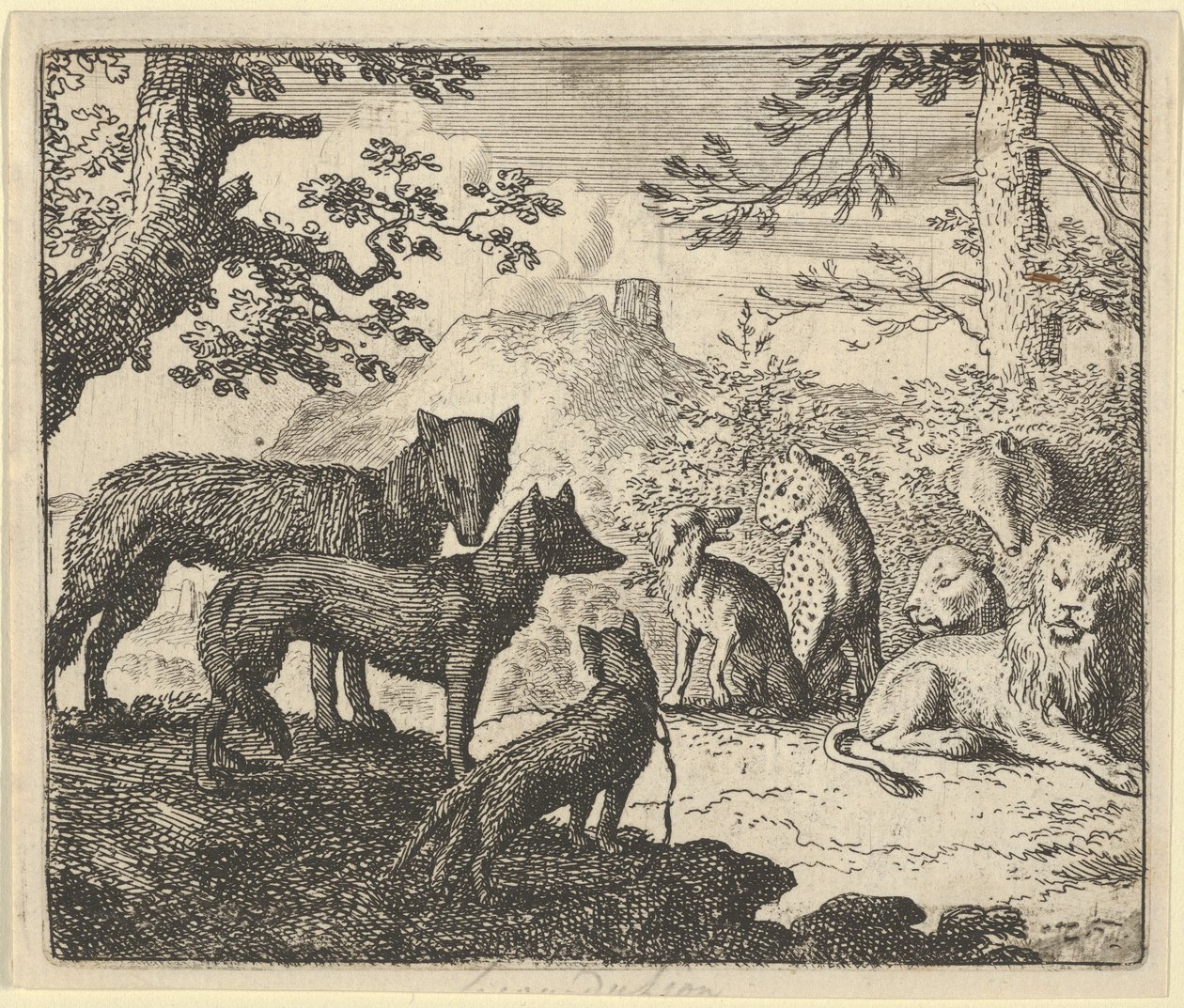 Renardin vanhemmat pyytävät lupaa poistua hovista Hendrick van Alcmarin teoksessa Renard The Fox tekijältä Allart van Everdingen