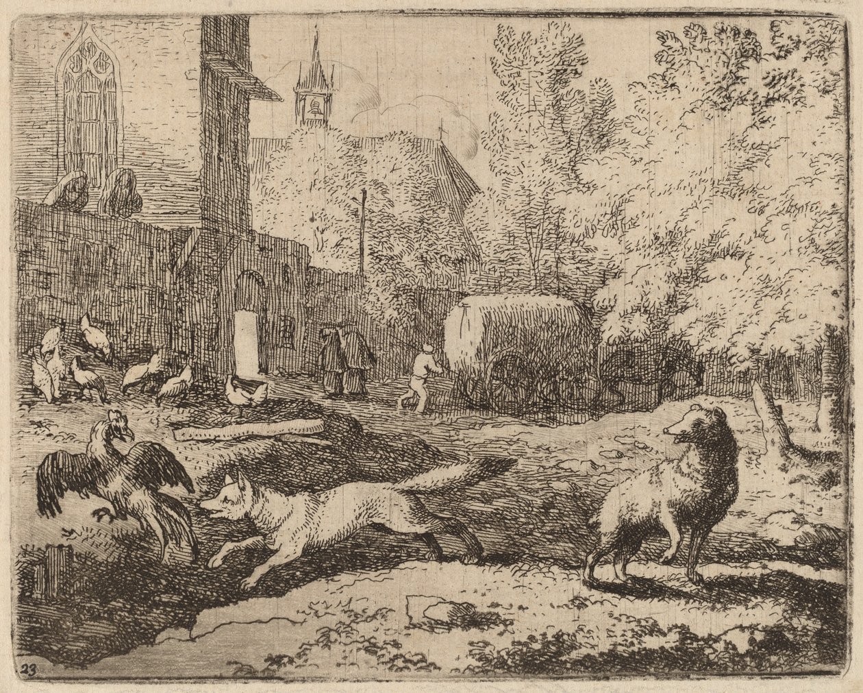 Reynard yrittää ryöstää kukkoa, luultavasti n. 16451656. tekijältä Allart van Everdingen