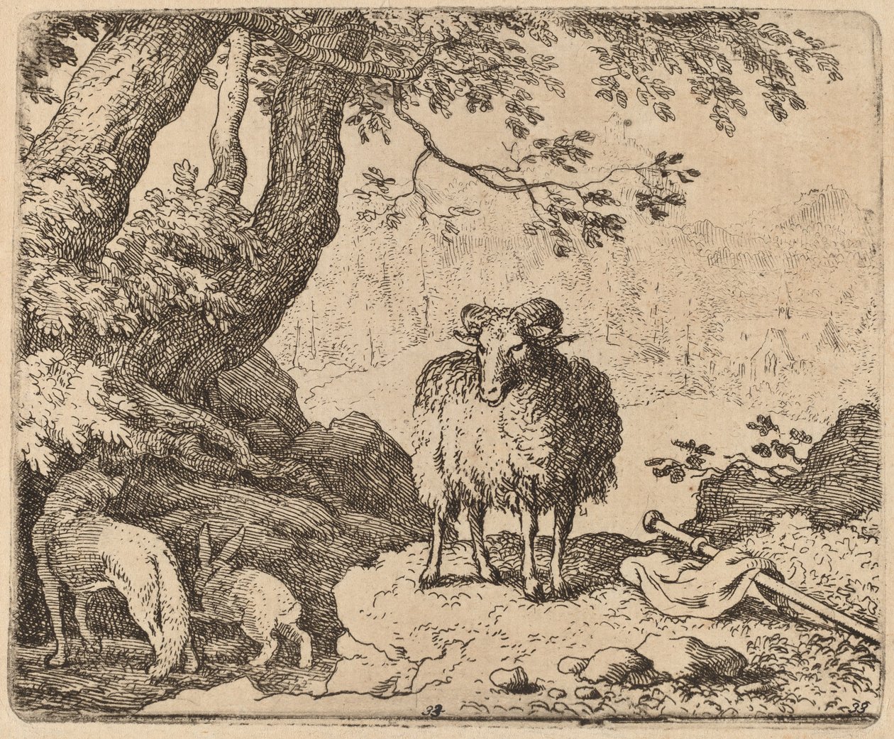 Reynard palaa kotiin oinaan ja kanin saattajana, luultavasti n. 16451656. tekijältä Allart van Everdingen