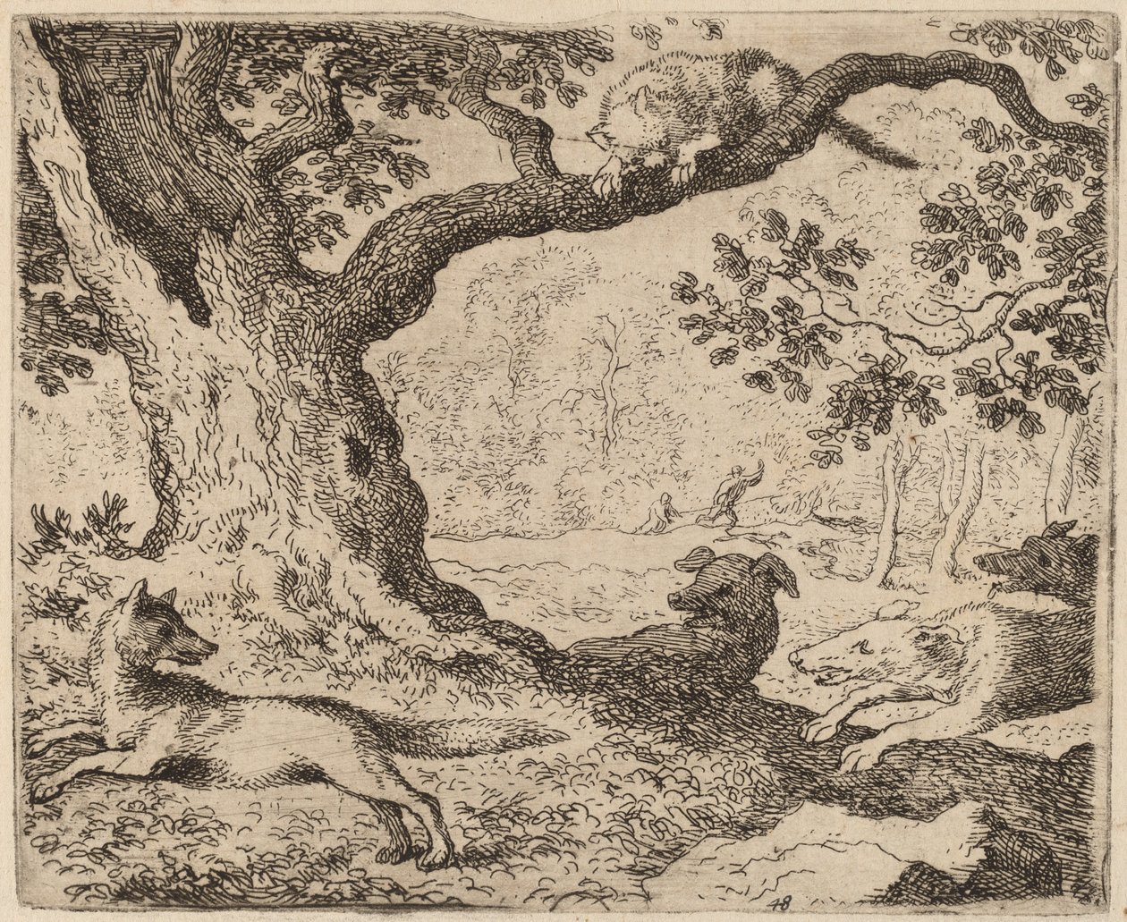 Reynardin isä ja kissa, jota koirat takaavat, luultavasti n. 16451656. tekijältä Allart van Everdingen