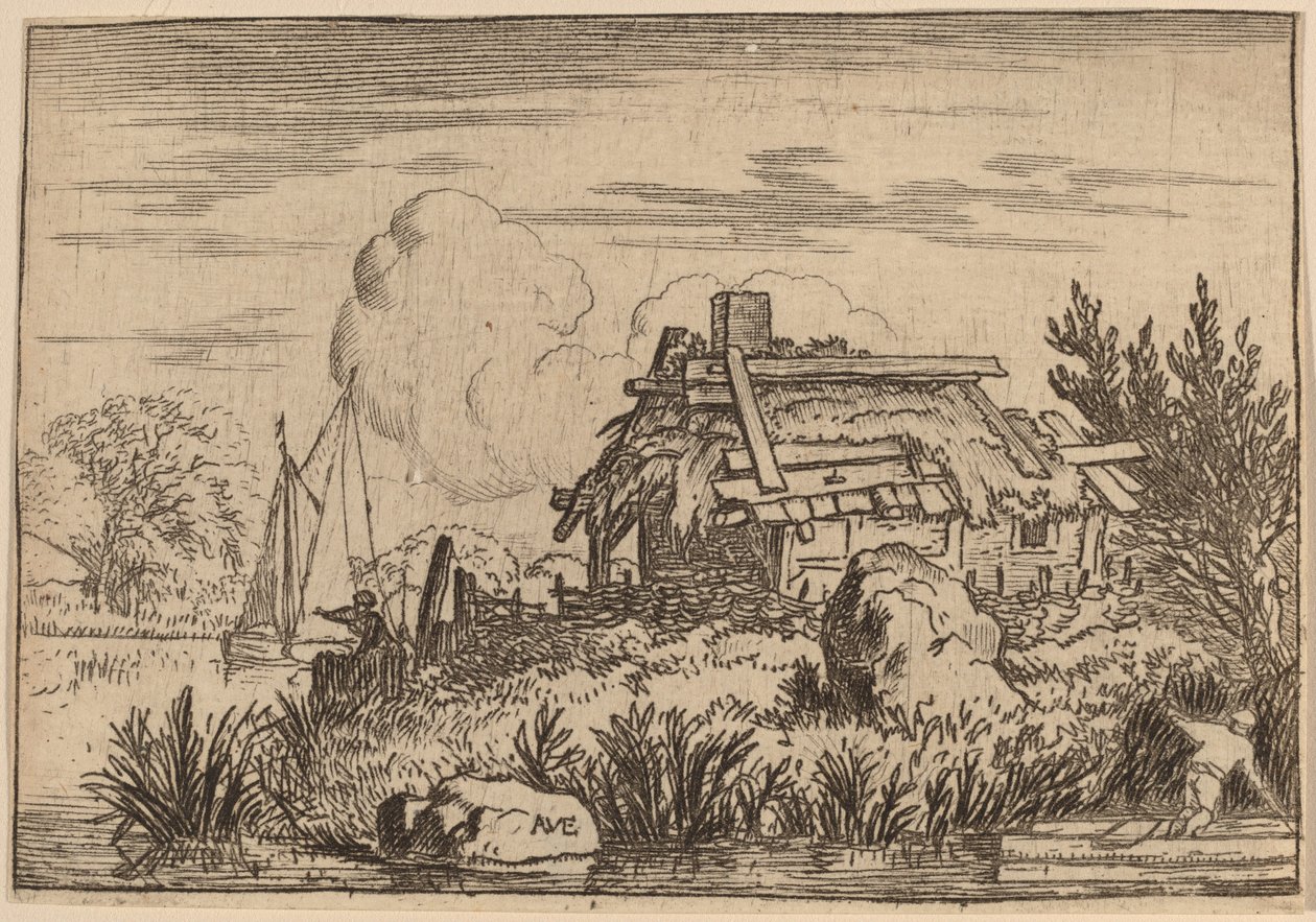 Raunioitunut mökki, veden ympäröimä, luultavasti n. 16451656. tekijältä Allart van Everdingen
