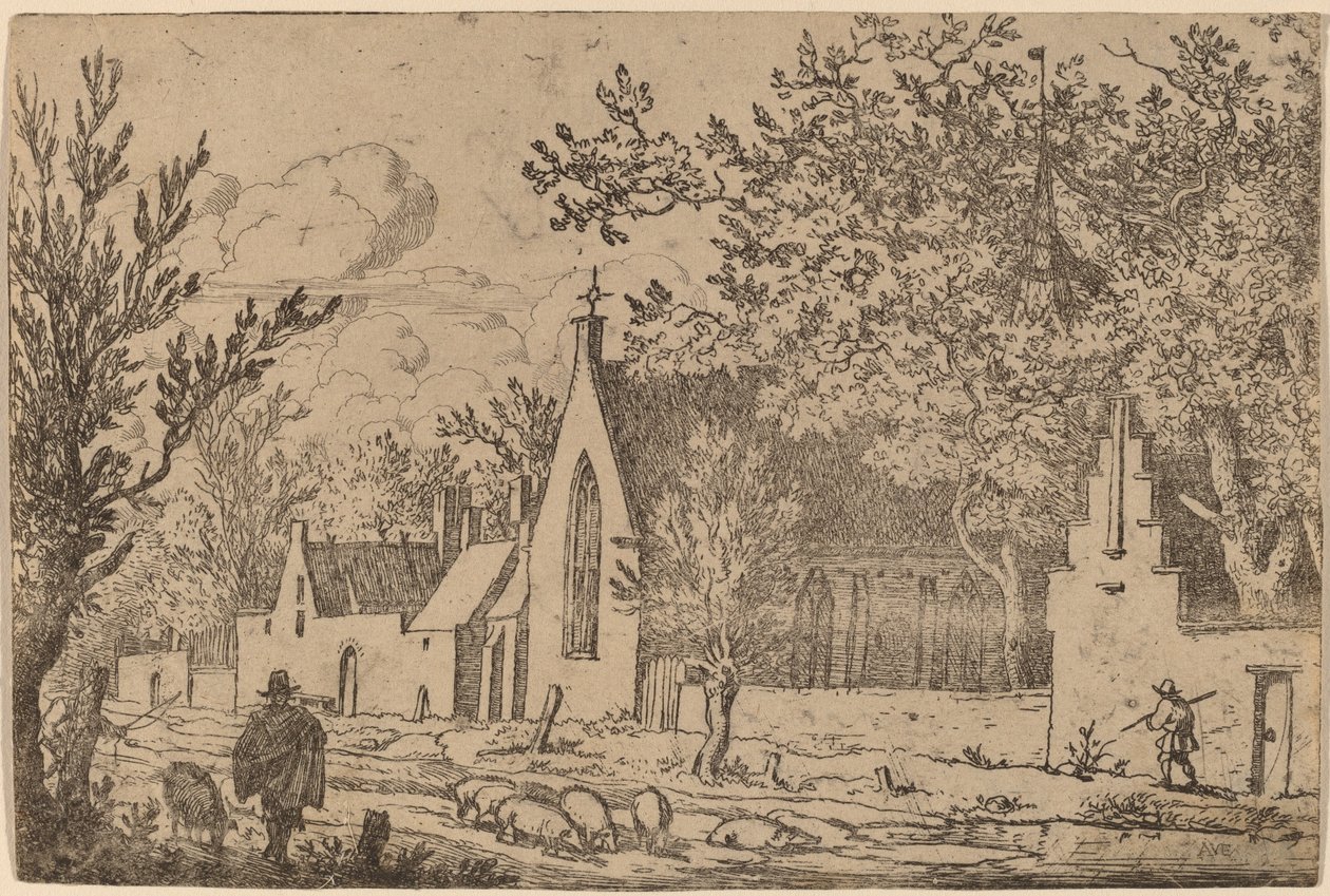 Sikalauma lähellä kappelia, luultavasti n. 16451656. tekijältä Allart van Everdingen