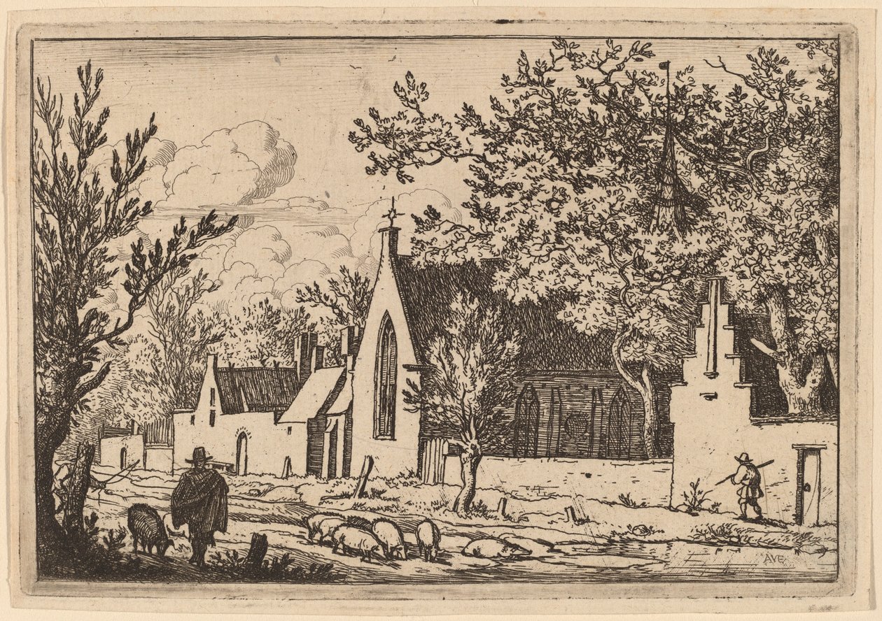 Sikalauma lähellä kappelia, luultavasti n. 16451656. tekijältä Allart van Everdingen