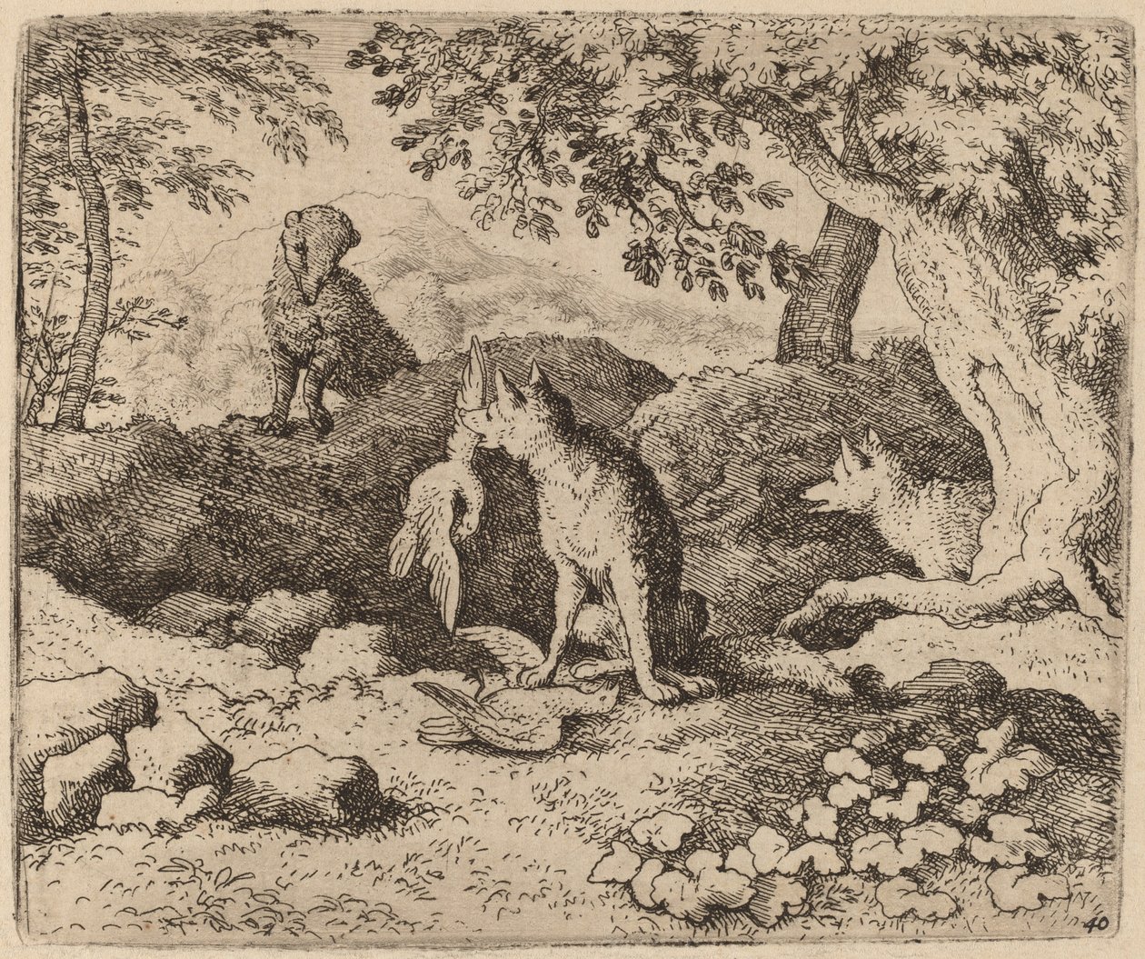 The Badger Goes varoittaa Reynardia, luultavasti n. 16451656. tekijältä Allart van Everdingen
