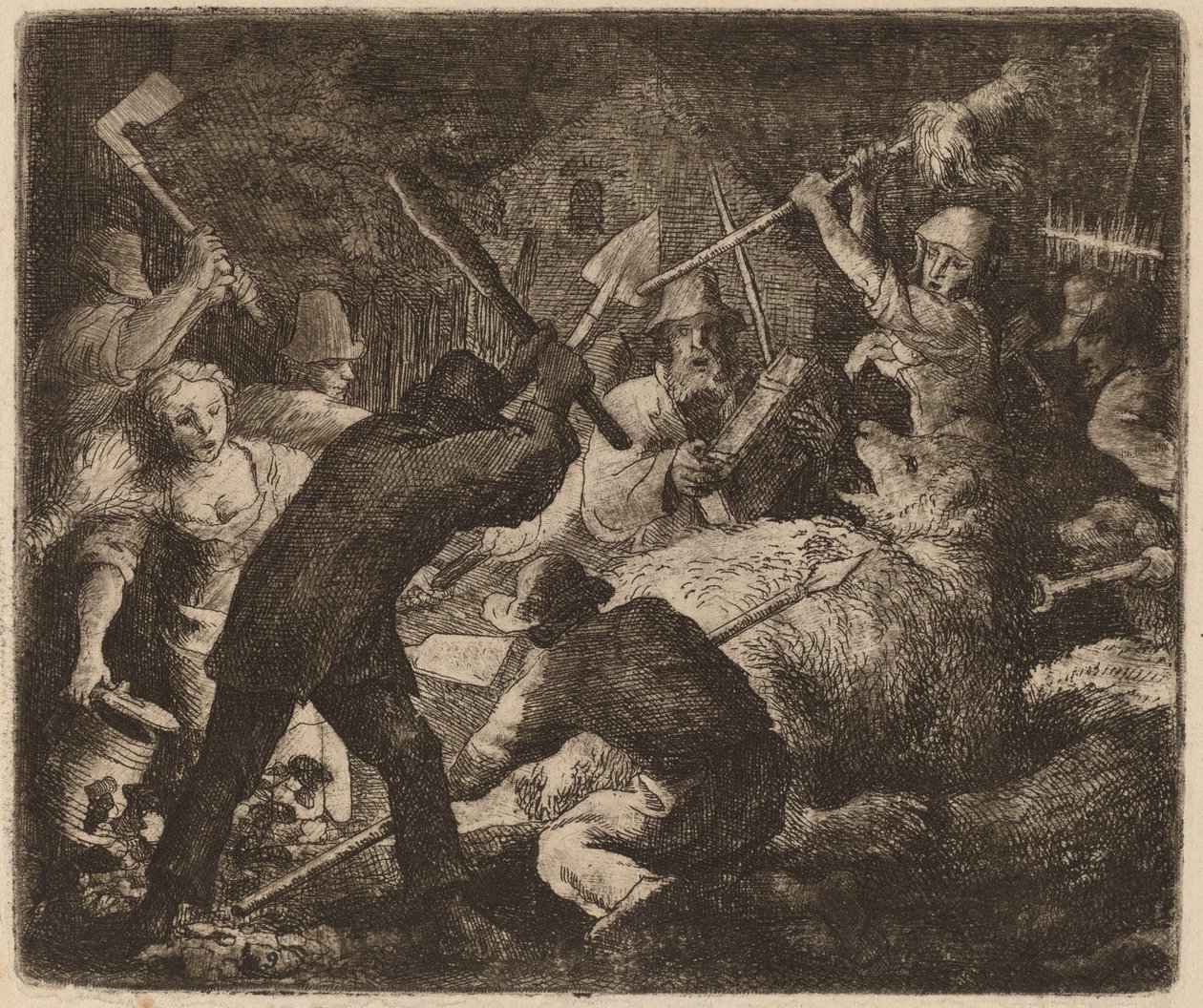 Talonpoikien hyökkäämä karhu, luultavasti n. 16451656. tekijältä Allart van Everdingen