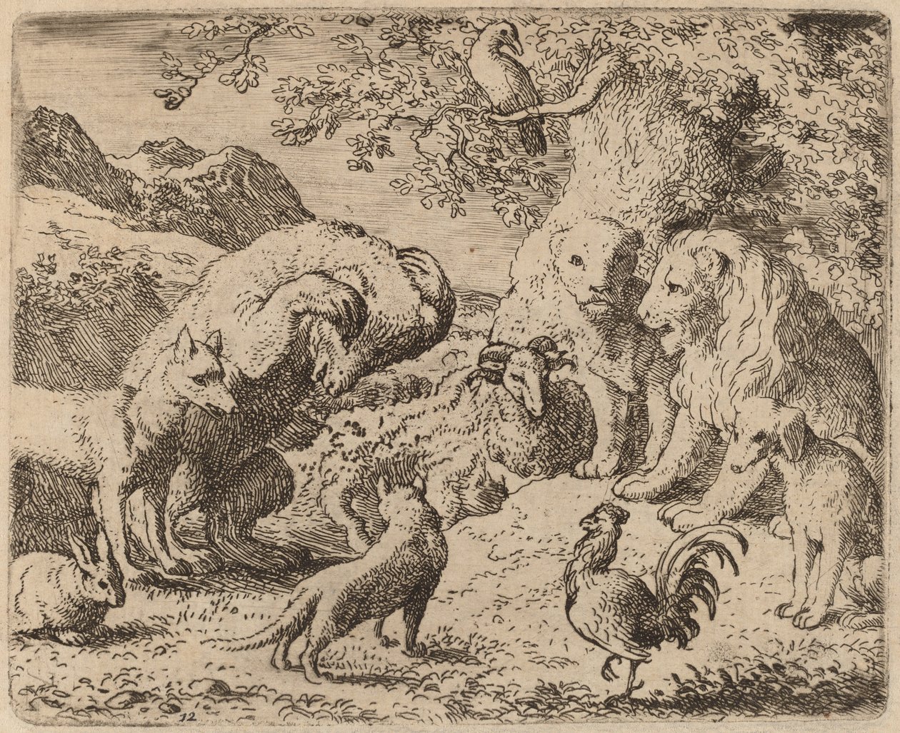 Karhu rukoilee leijonaa oikeuden puolesta, luultavasti n. 16451656. tekijältä Allart van Everdingen