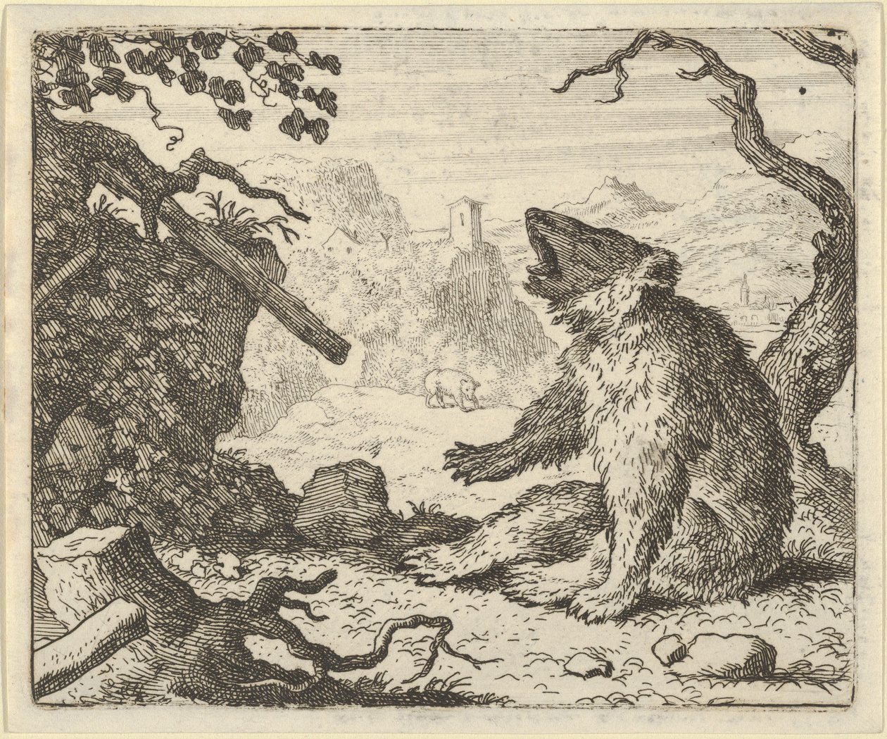 Karhu kutsuu Renardin esiintymään Eläinten neuvoston edessä, 1650-75. tekijältä Allart van Everdingen