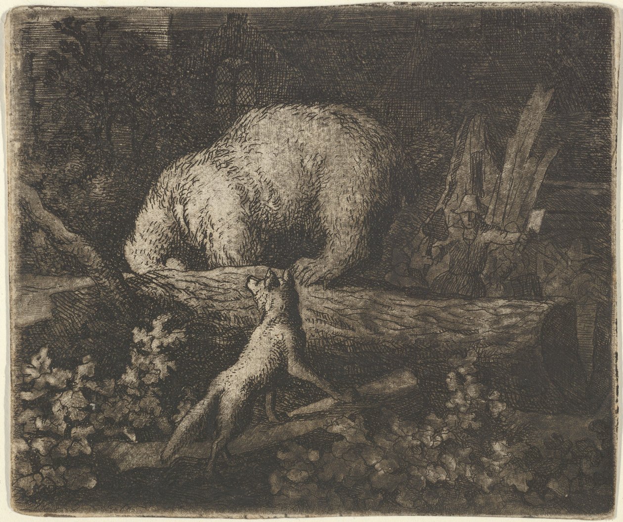 Karhu kuonoineen ja etutassuineen puun runkoon kiinni, 1600-luvun puoliväli. tekijältä Allart van Everdingen