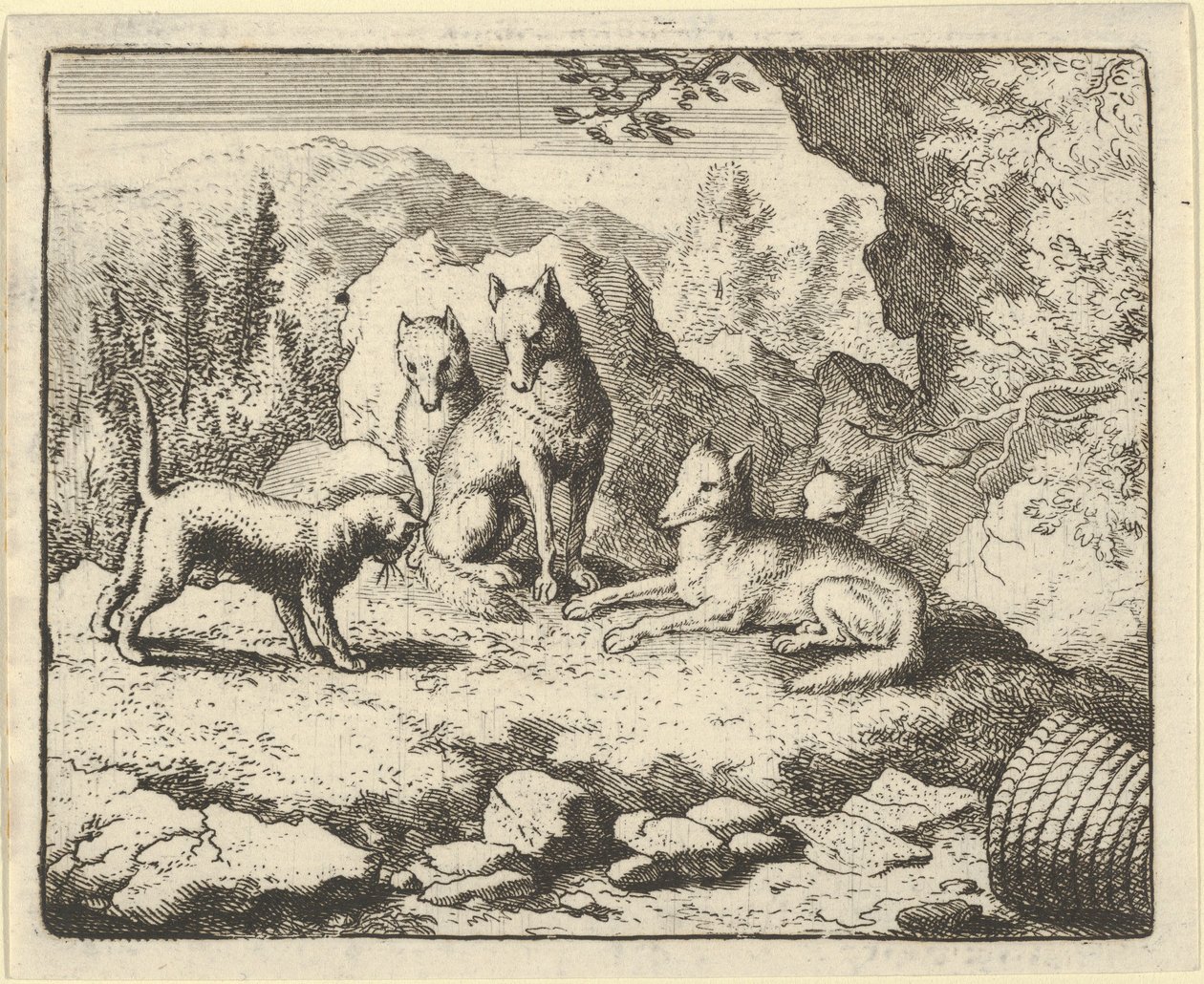 Kissa kutsuu Renardin tuomioistuimen eteen, 1650-75. tekijältä Allart van Everdingen