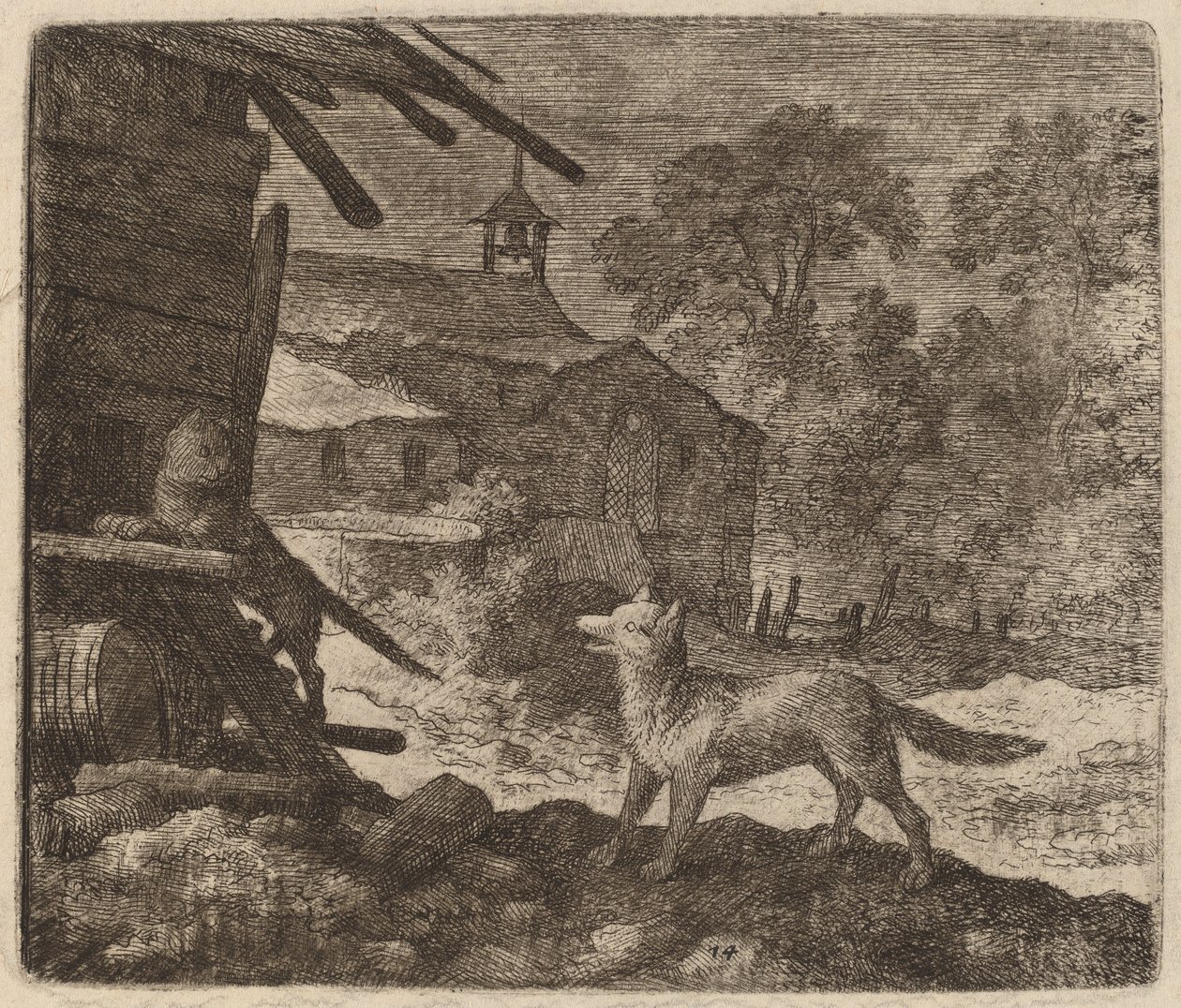 Kissa tulee navettaan Reynardin katsoessa, luultavasti n. 16451656. tekijältä Allart van Everdingen