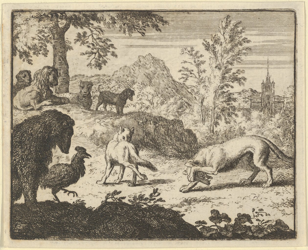 Leijona sallii taistelun suden ja Renardin välillä, 1650-75. tekijältä Allart van Everdingen