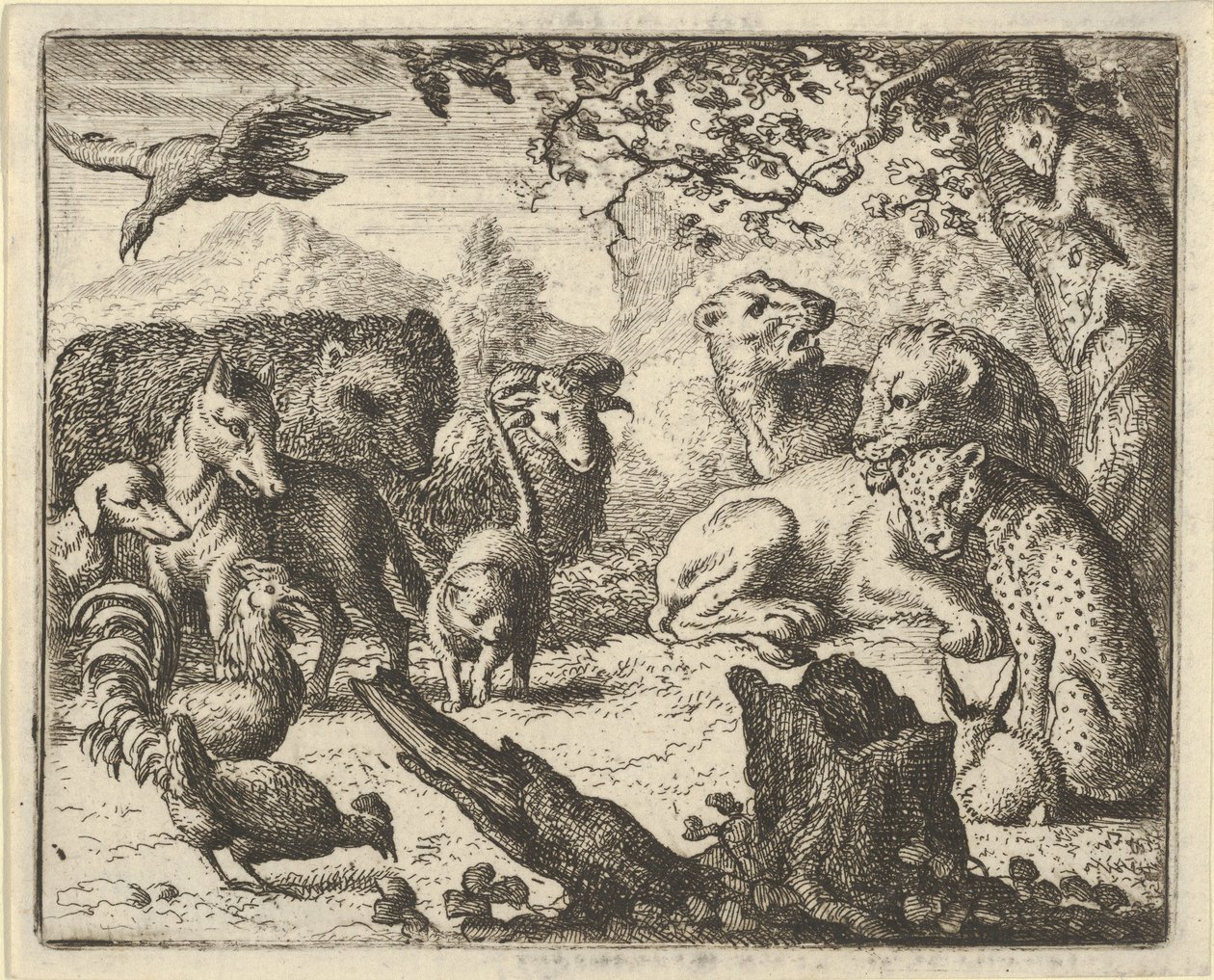 Leijona julistaa kestävän rauhan häntä ympäröiville eläimille, 1650-75. tekijältä Allart van Everdingen
