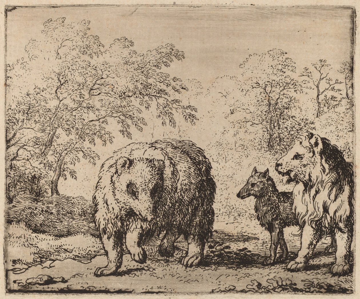 Leijona vapauttaa karhun ja suden, luultavasti n. 16451656. tekijältä Allart van Everdingen