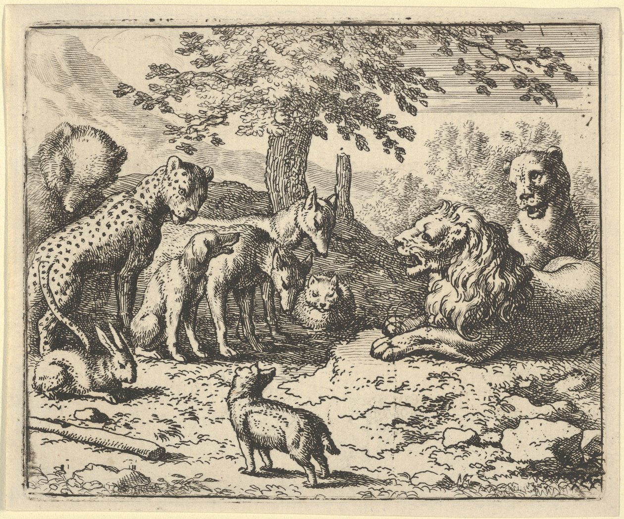 Leijona ottaa muiden eläinten neuvoja Renardin rangaistukseen, 1650-75. tekijältä Allart van Everdingen