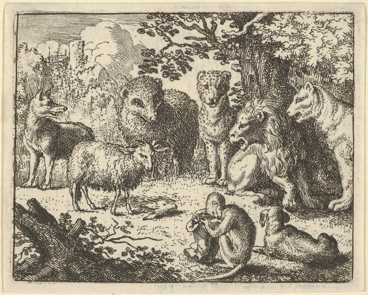 Apina avaa pakkauksen ja poistaa kanin pään... suureksi yllätykseksi, 1650-75. tekijältä Allart van Everdingen