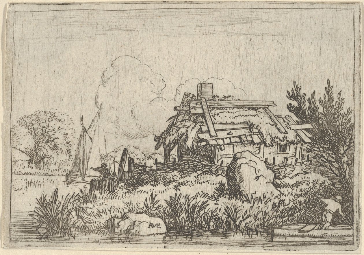 Raunioitunut mökki, veden ympäröimä, 1600-luku. tekijältä Allart van Everdingen
